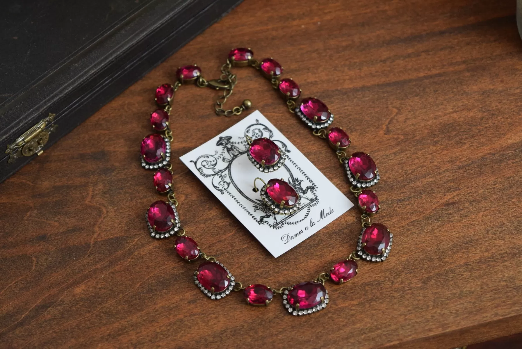 Dark Pink Crystal Halo Necklace - Large and medium ovals