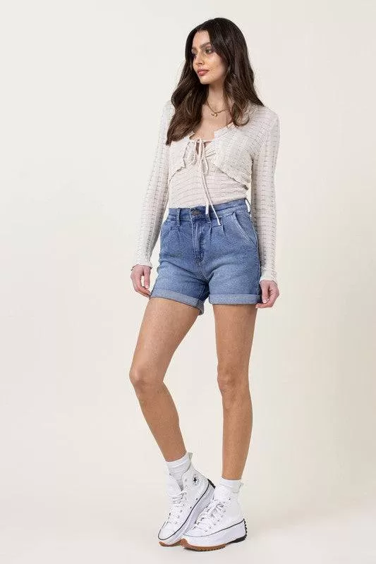 Denim Shorts with Pin Tuck Detail