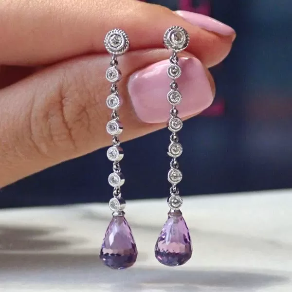 Diamond & Amethyst Briolette Drop Earrings