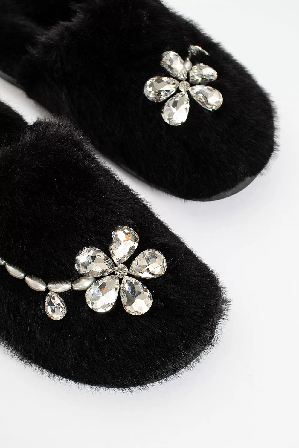 Embellished Furry Slippers Black