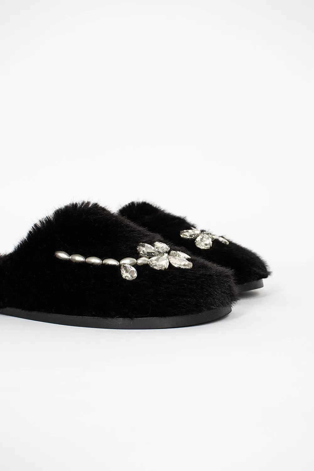 Embellished Furry Slippers Black