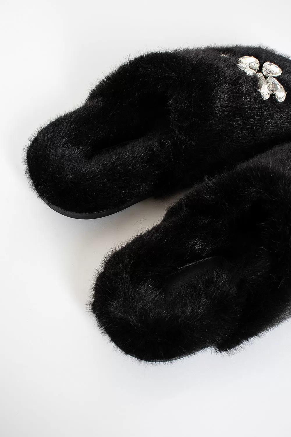 Embellished Furry Slippers Black