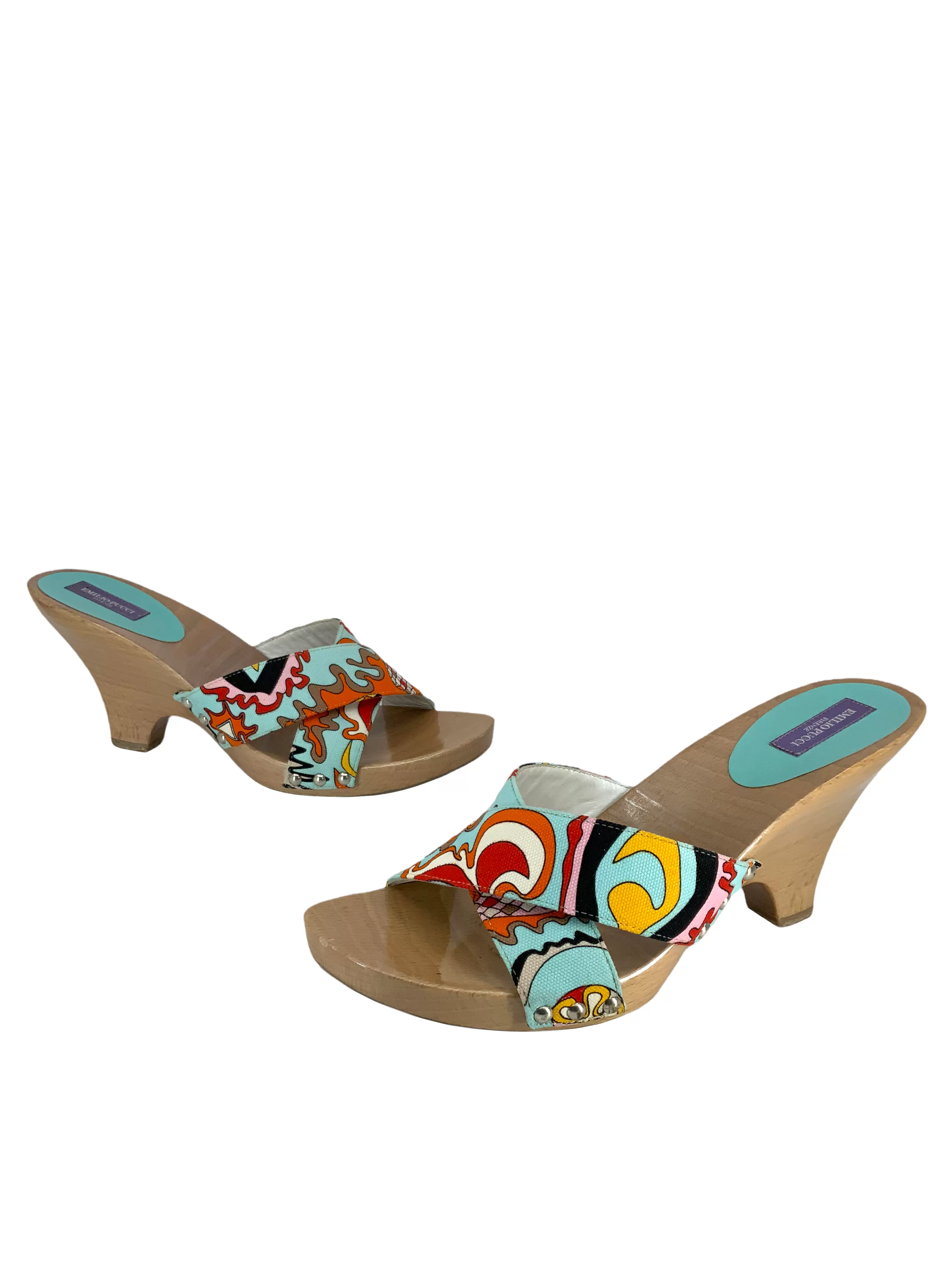 Emilio Pucci Printed Canvas Wooden Slide Sandals Size 9