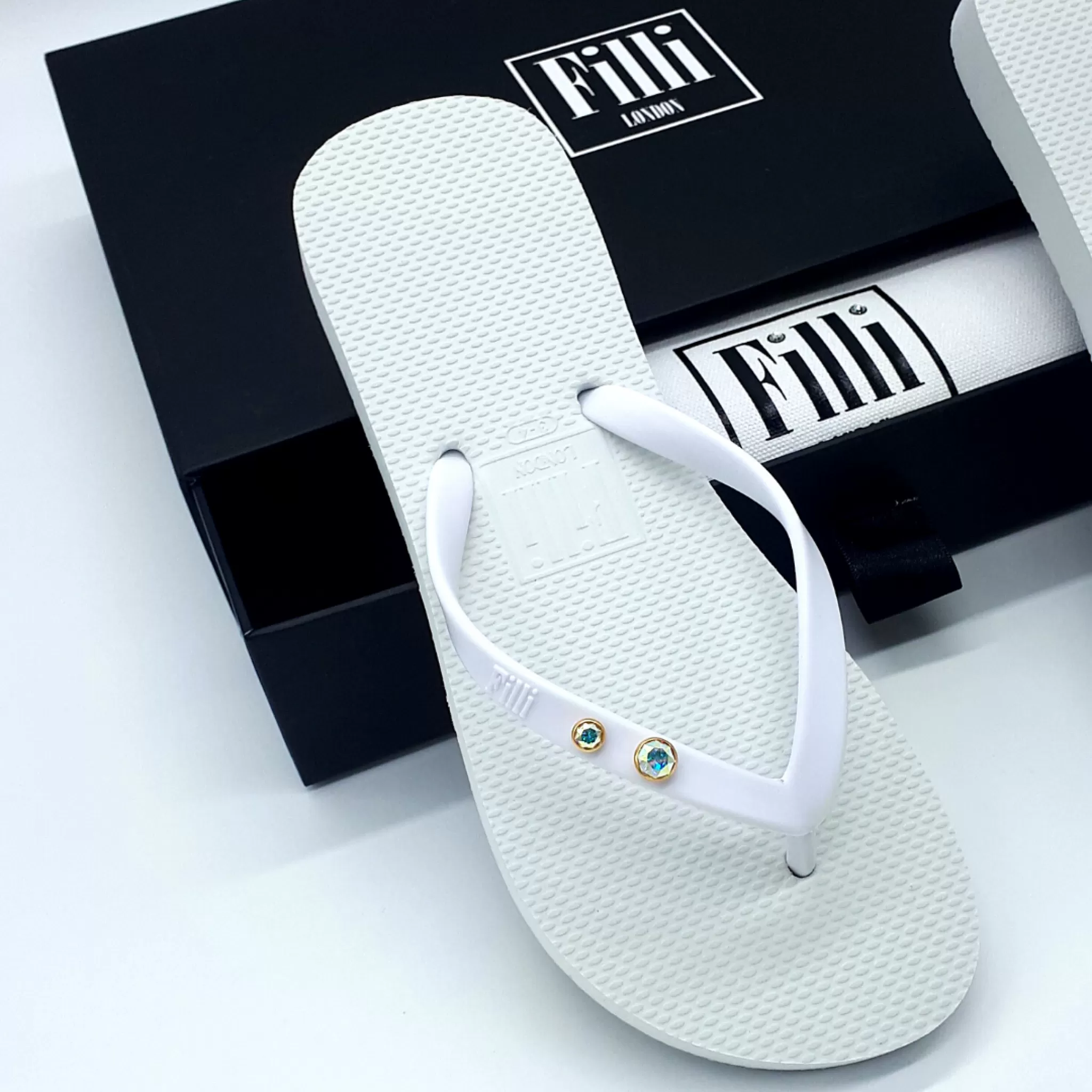 Filli London Aurora Crystal Duo Luxury Flip Flops - White