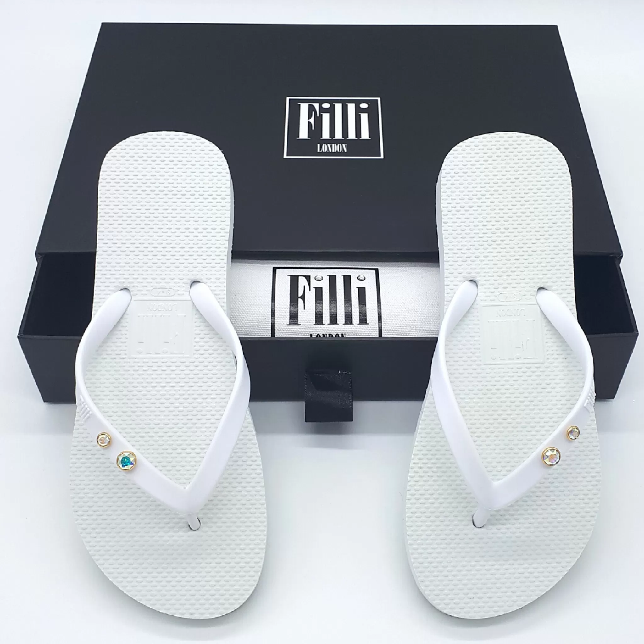 Filli London Aurora Crystal Duo Luxury Flip Flops - White