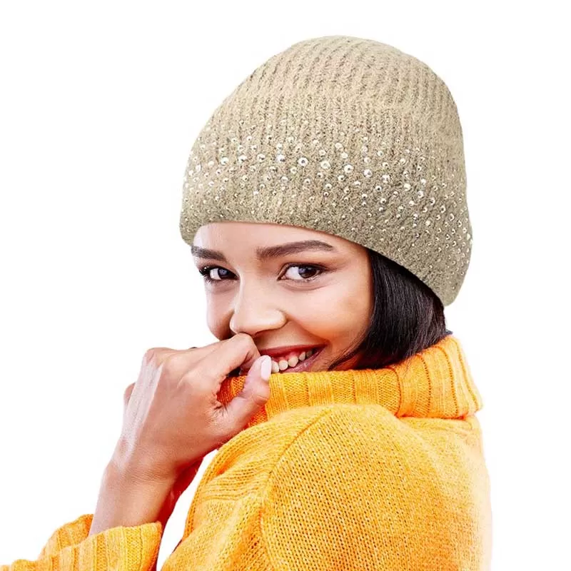 Fleece Lining Rhinestone Embellished Beanie Hat