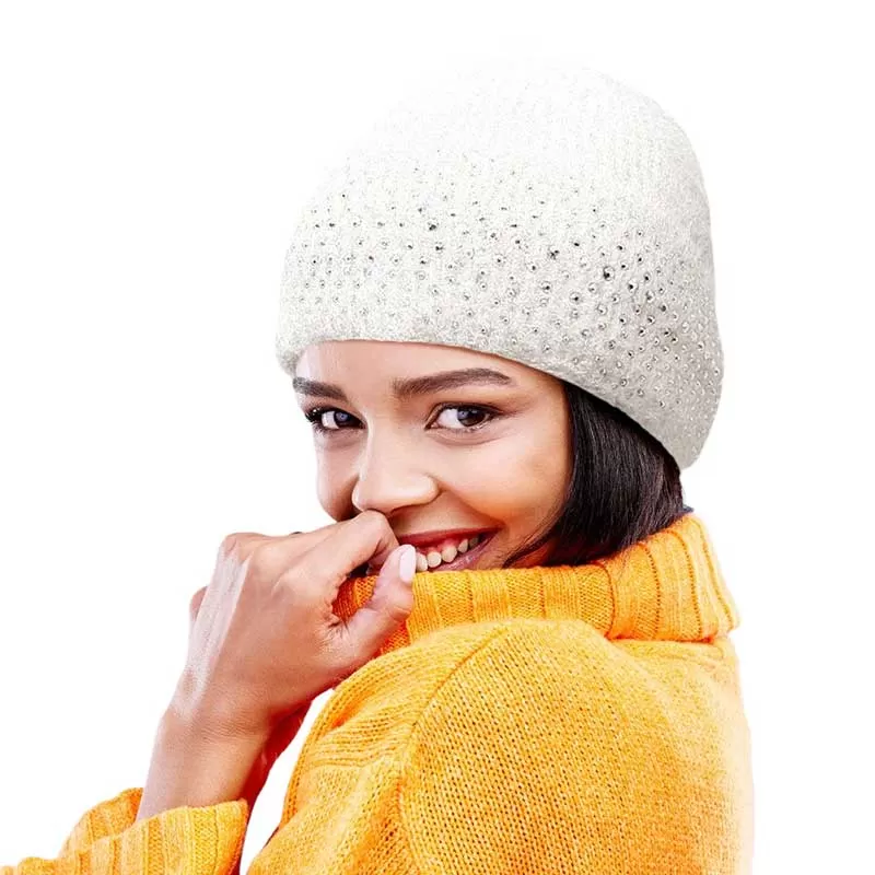 Fleece Lining Rhinestone Embellished Beanie Hat