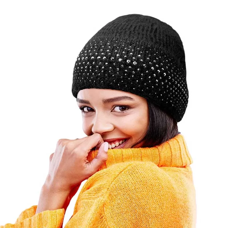 Fleece Lining Rhinestone Embellished Beanie Hat