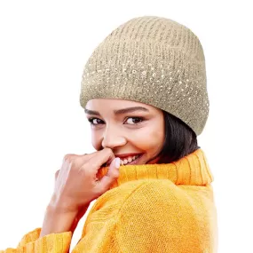 Fleece Lining Rhinestone Embellished Beanie Hat