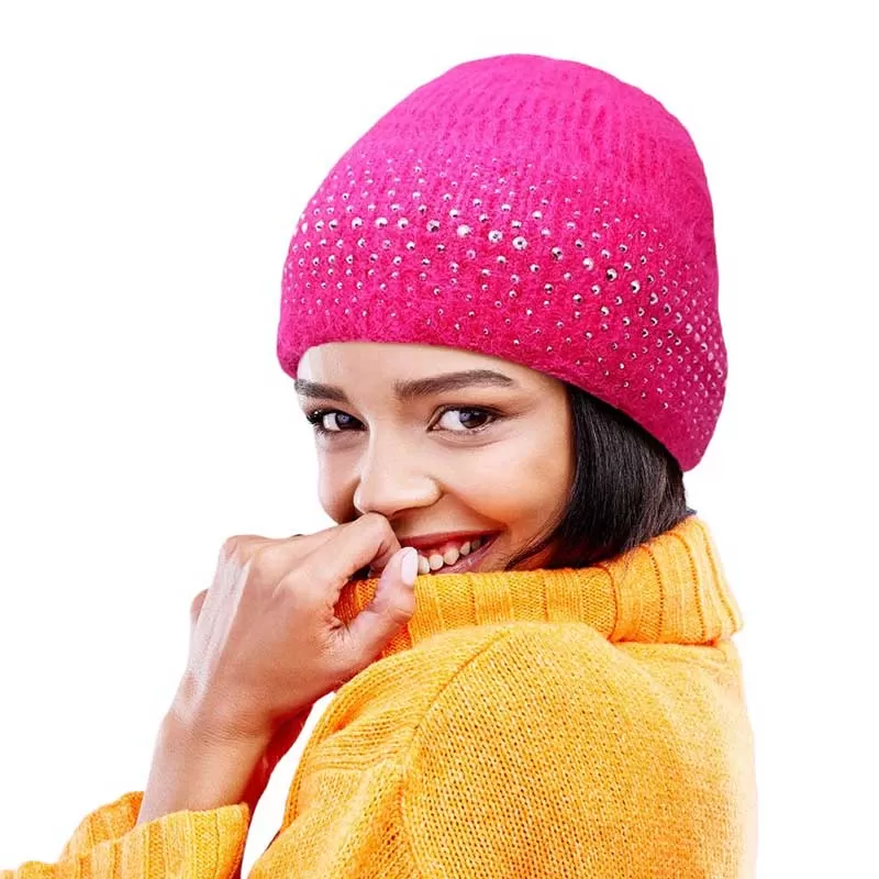 Fleece Lining Rhinestone Embellished Beanie Hat