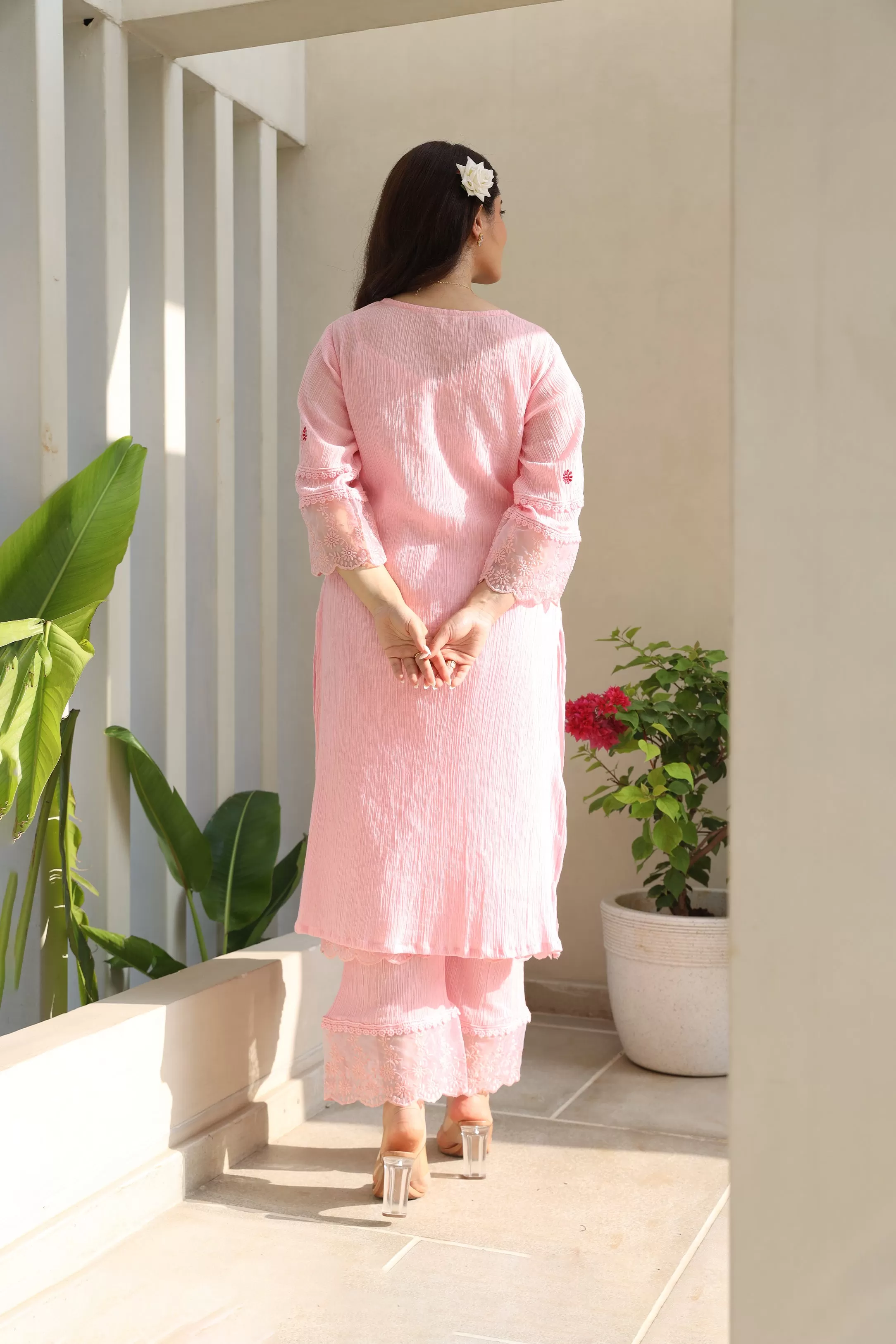 Floral Elegance Pink Cotton Gauze Kurta Set with Kota Doriya Dupatta