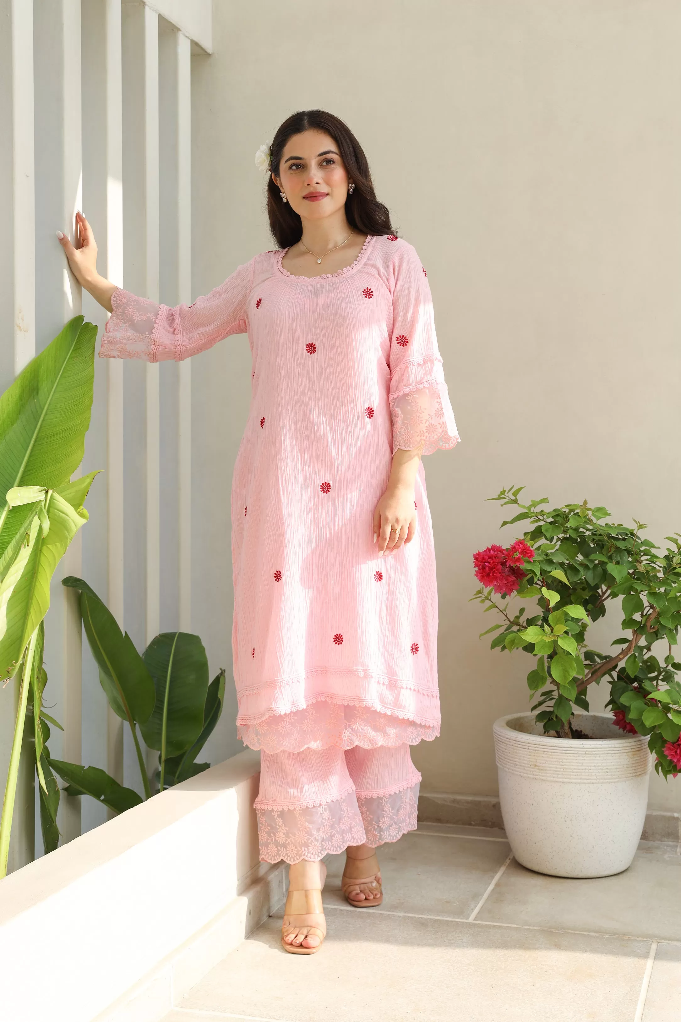 Floral Elegance Pink Cotton Gauze Kurta Set with Kota Doriya Dupatta