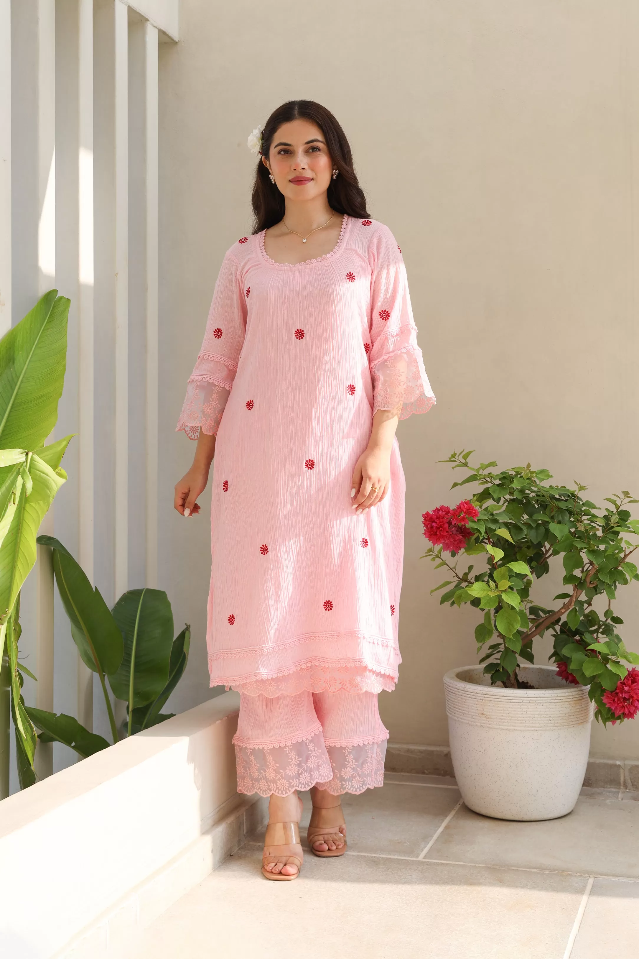 Floral Elegance Pink Cotton Gauze Kurta Set with Kota Doriya Dupatta