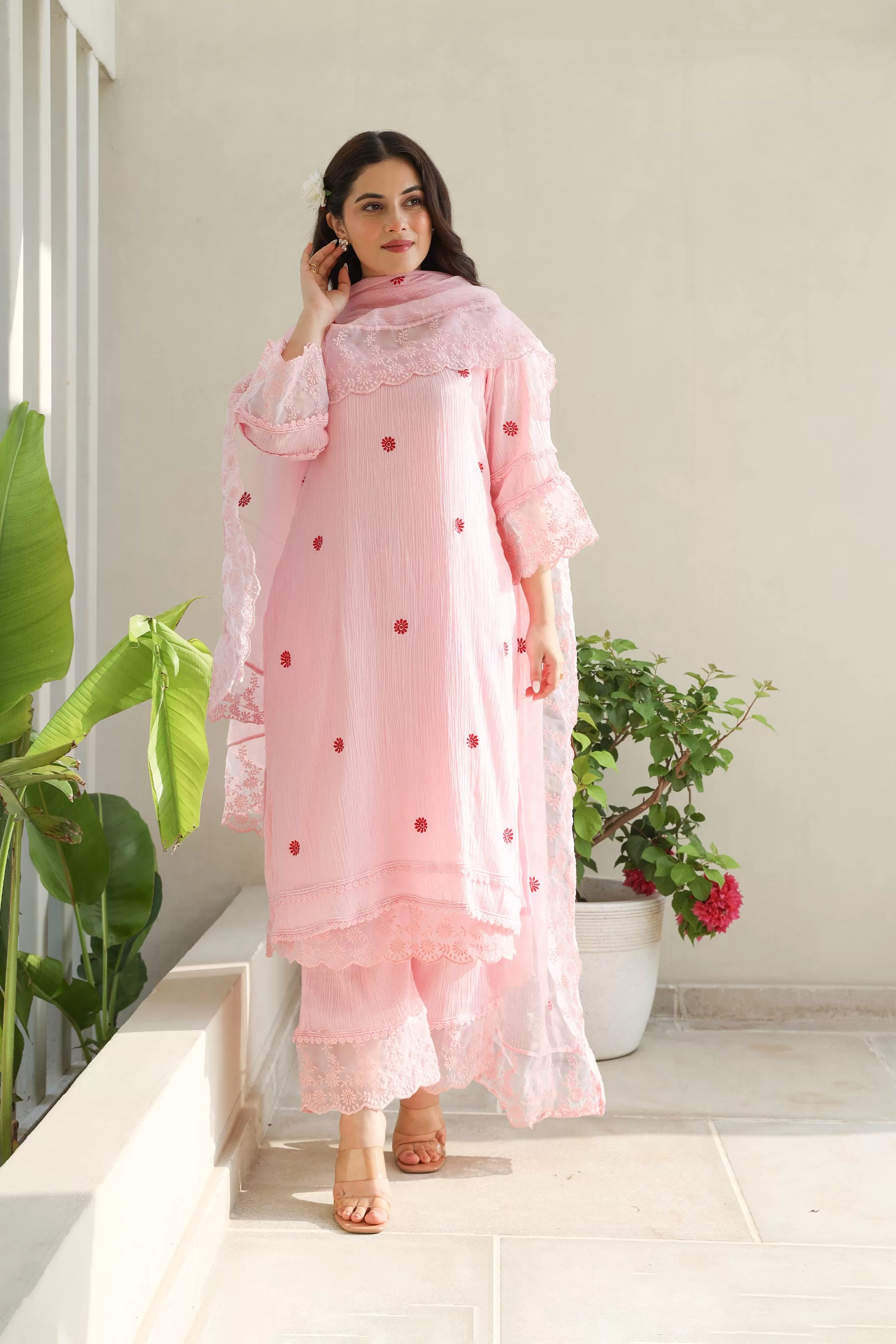 Floral Elegance Pink Cotton Gauze Kurta Set with Kota Doriya Dupatta