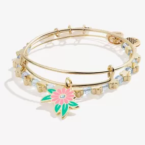 Flower Charm Bangle Bracelets, Set of 2