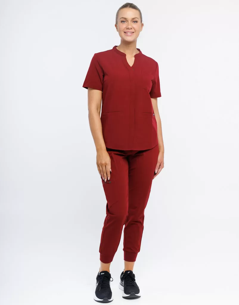 Full Button Scrub Top - Syrah Red