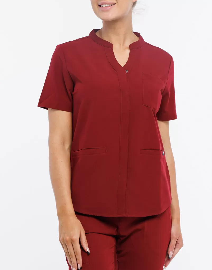 Full Button Scrub Top - Syrah Red