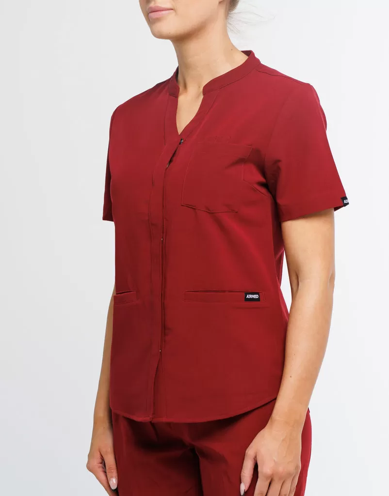 Full Button Scrub Top - Syrah Red