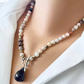 Genuine Pink Opal and Black Baroque Pearl Toggle Necklace with Gold Bronze Artisan Details, 19inches