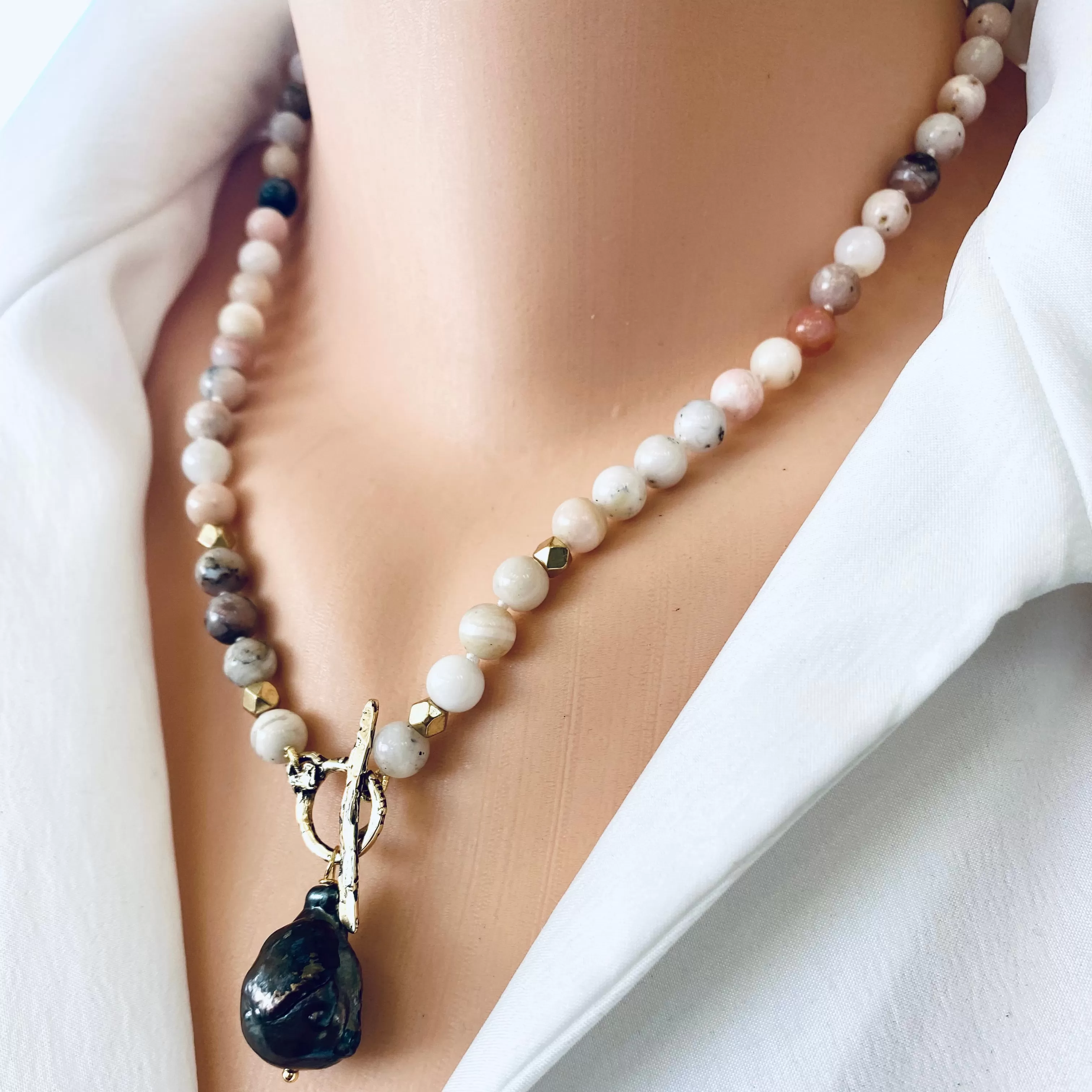 Genuine Pink Opal and Black Baroque Pearl Toggle Necklace with Gold Bronze Artisan Details, 19inches