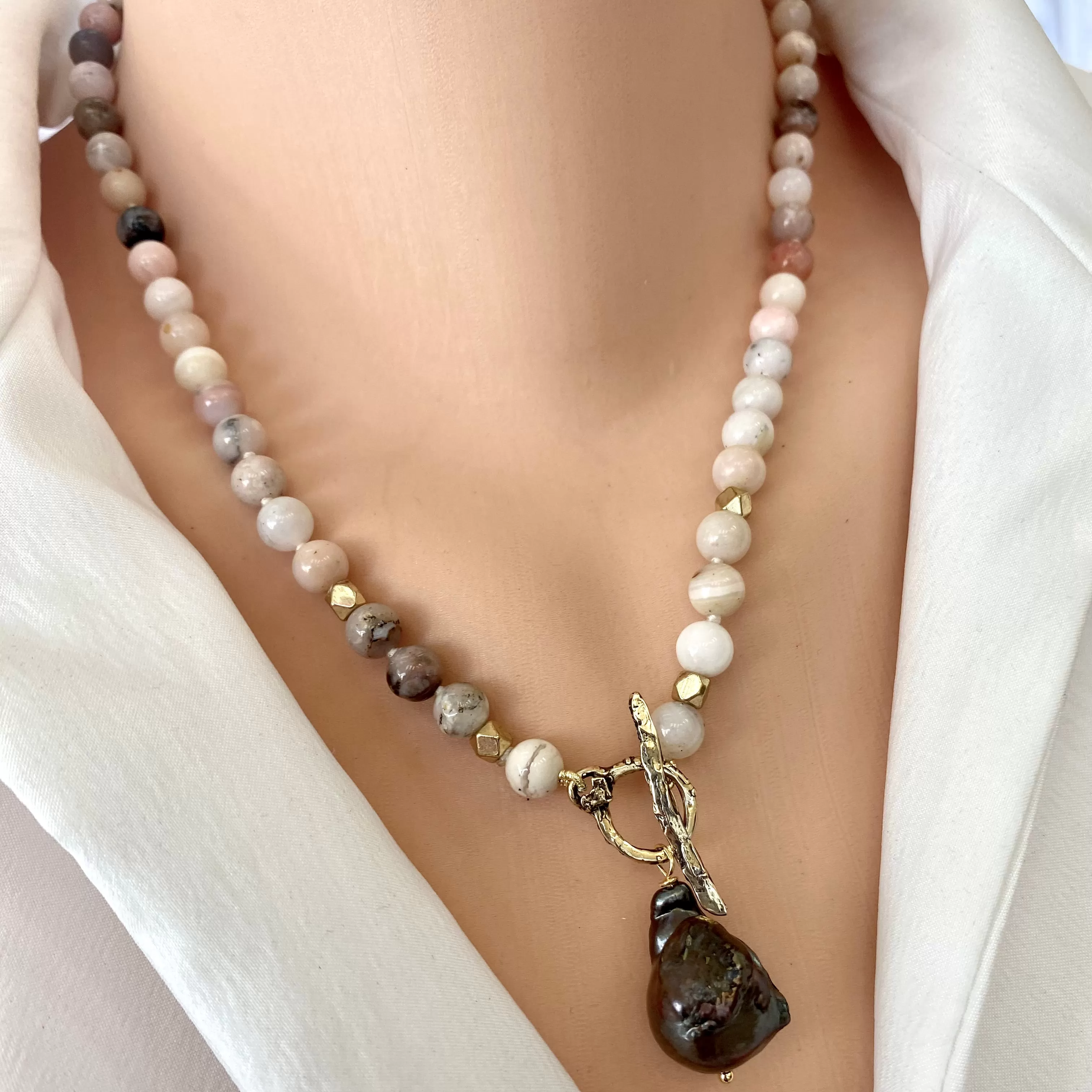 Genuine Pink Opal and Black Baroque Pearl Toggle Necklace with Gold Bronze Artisan Details, 19inches