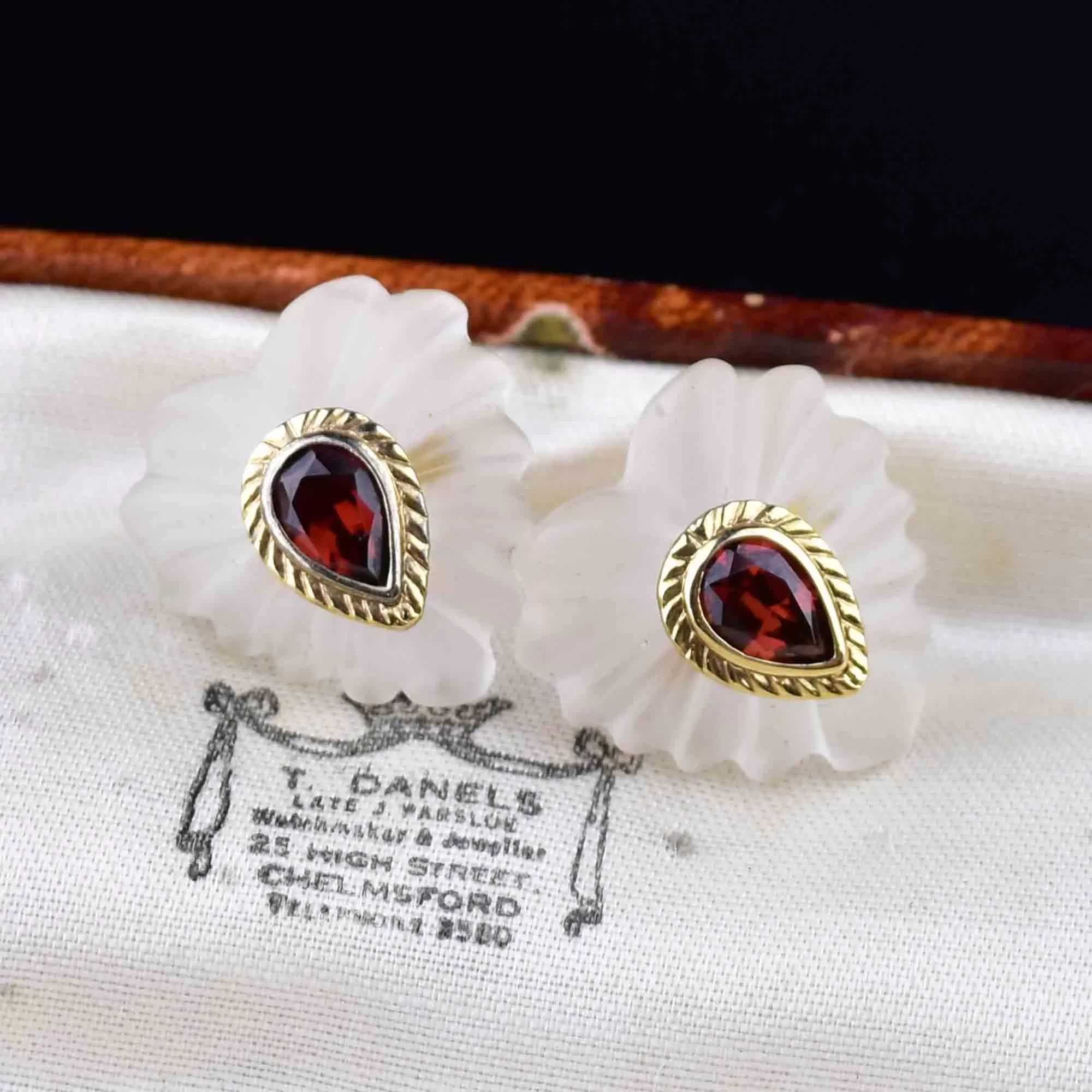 Gold Frosted Rock Crystal Garnet Heart Post Earrings