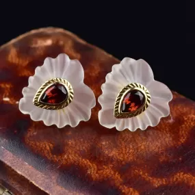 Gold Frosted Rock Crystal Garnet Heart Post Earrings