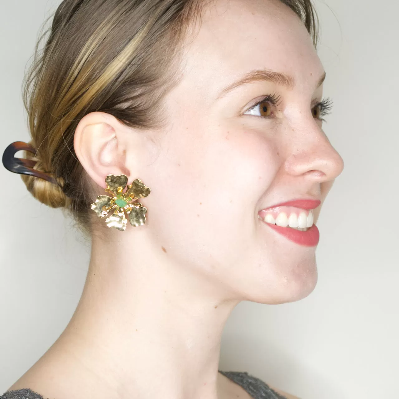 Golden Flower Post Earrings with Raw Colombian Emeralds