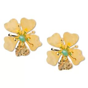 Golden Flower Post Earrings with Raw Colombian Emeralds