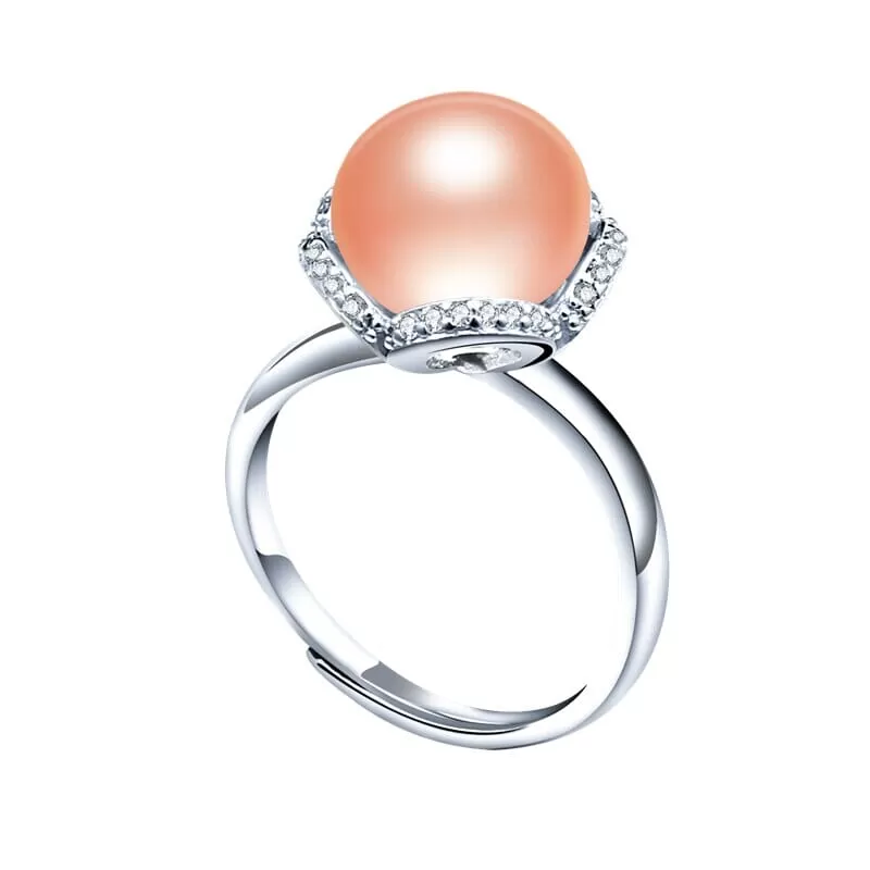 Gorgeous 925 Sterling Silver Flower Adjustable Diamond Pearl Ring