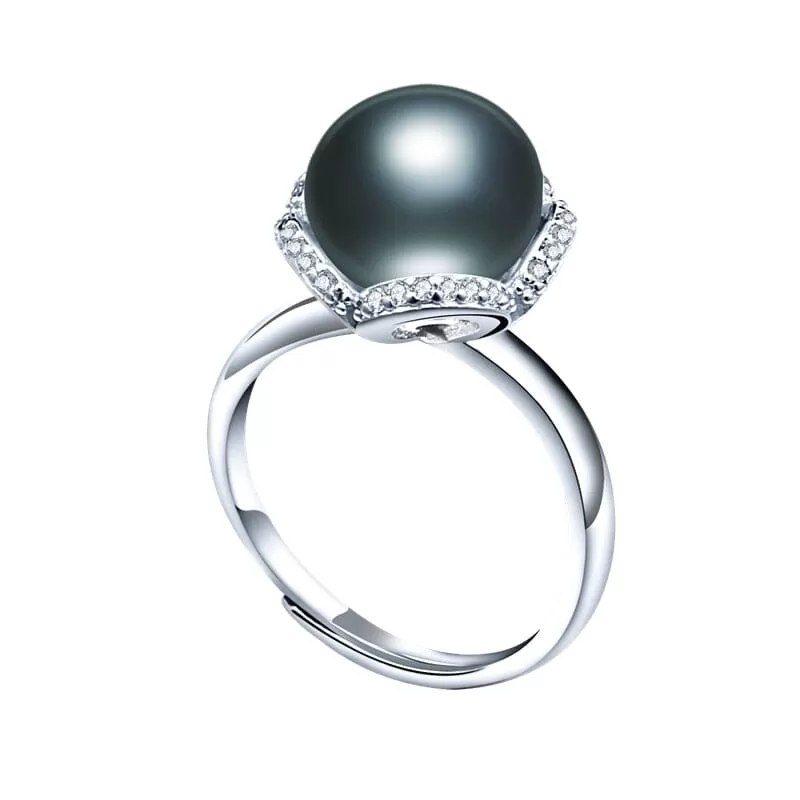 Gorgeous 925 Sterling Silver Flower Adjustable Diamond Pearl Ring