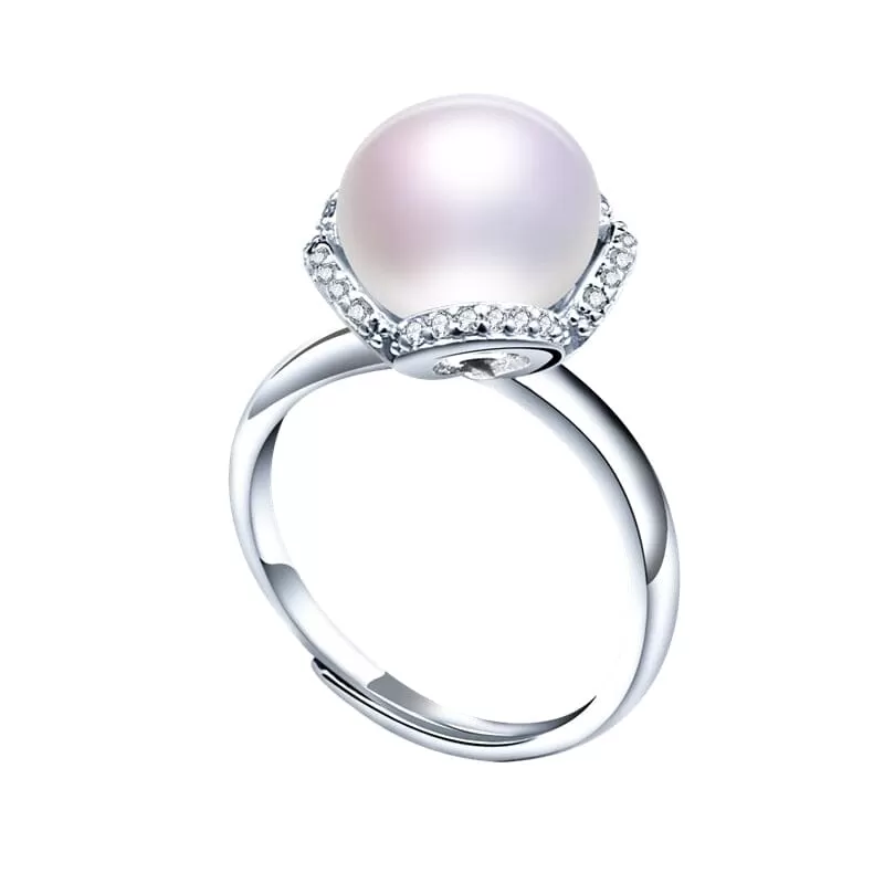 Gorgeous 925 Sterling Silver Flower Adjustable Diamond Pearl Ring