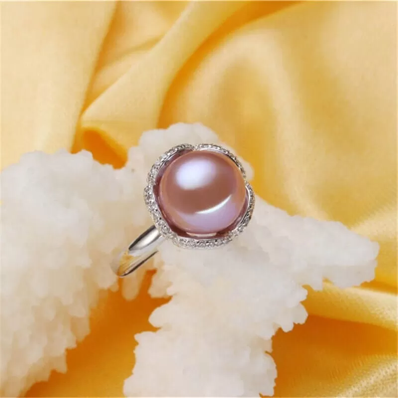 Gorgeous 925 Sterling Silver Flower Adjustable Diamond Pearl Ring