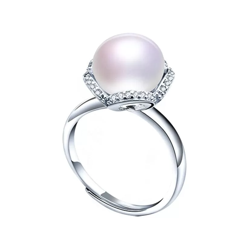 Gorgeous 925 Sterling Silver Flower Adjustable Diamond Pearl Ring