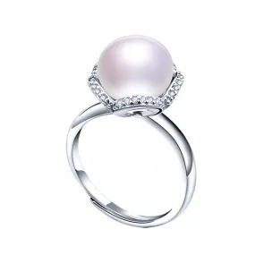 Gorgeous 925 Sterling Silver Flower Adjustable Diamond Pearl Ring