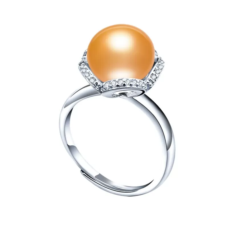 Gorgeous 925 Sterling Silver Flower Adjustable Diamond Pearl Ring