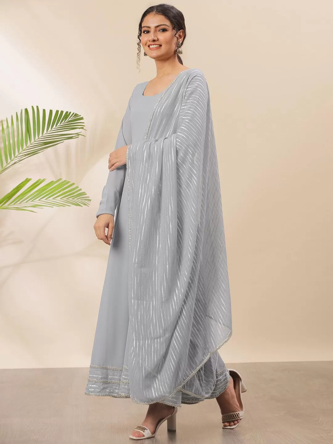 Grey Poly Georgette Solid Kurta with Dupatta