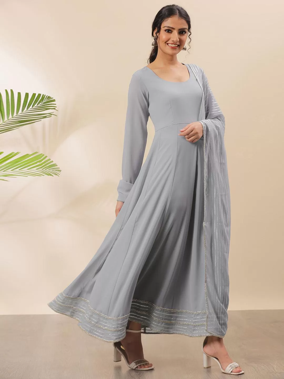 Grey Poly Georgette Solid Kurta with Dupatta