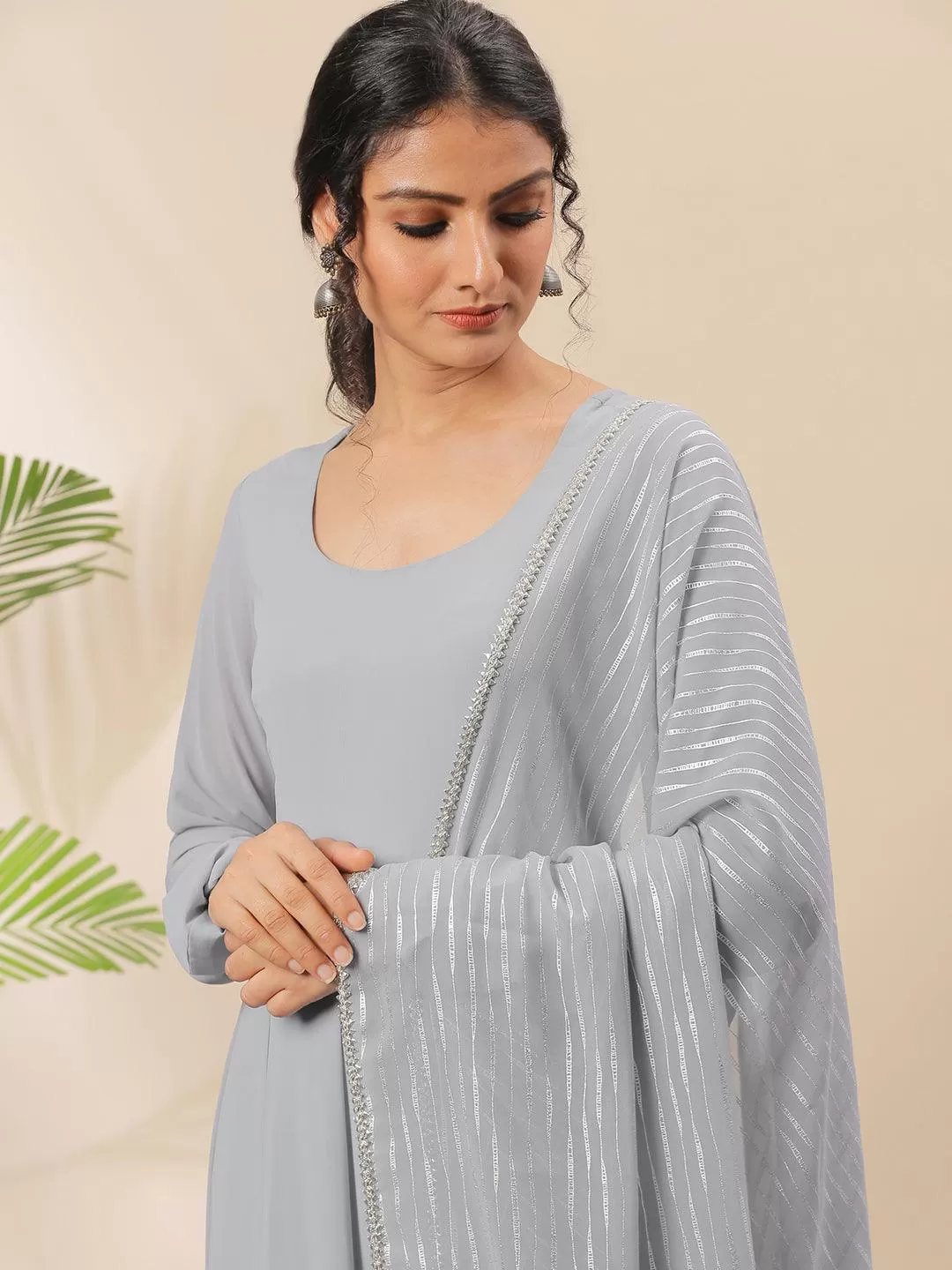 Grey Poly Georgette Solid Kurta with Dupatta