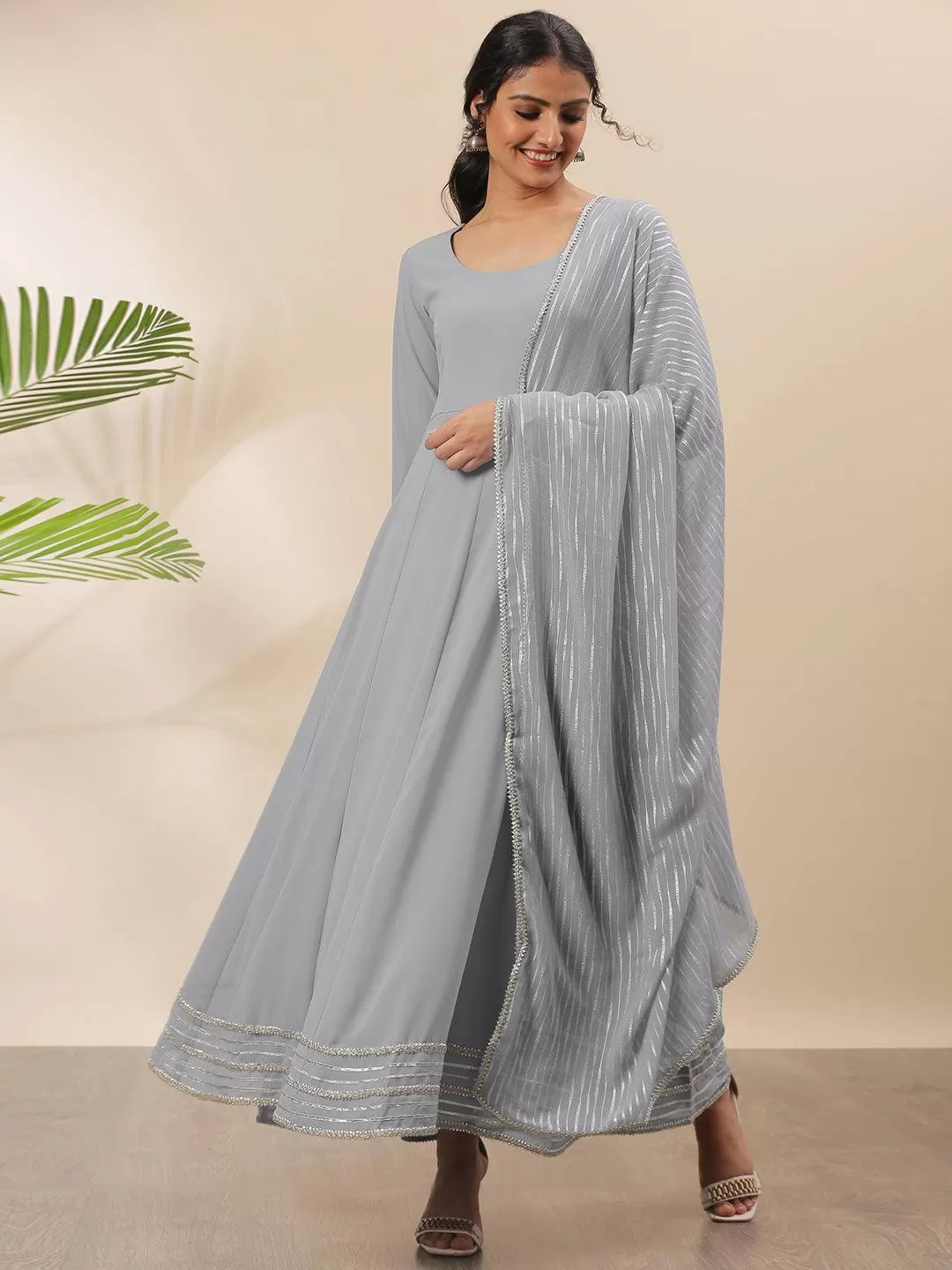 Grey Poly Georgette Solid Kurta with Dupatta