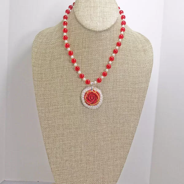 Hadiya Carved Red Rose Pendant Necklace