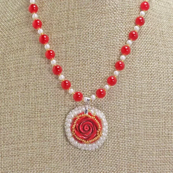 Hadiya Carved Red Rose Pendant Necklace