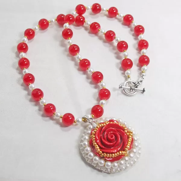 Hadiya Carved Red Rose Pendant Necklace