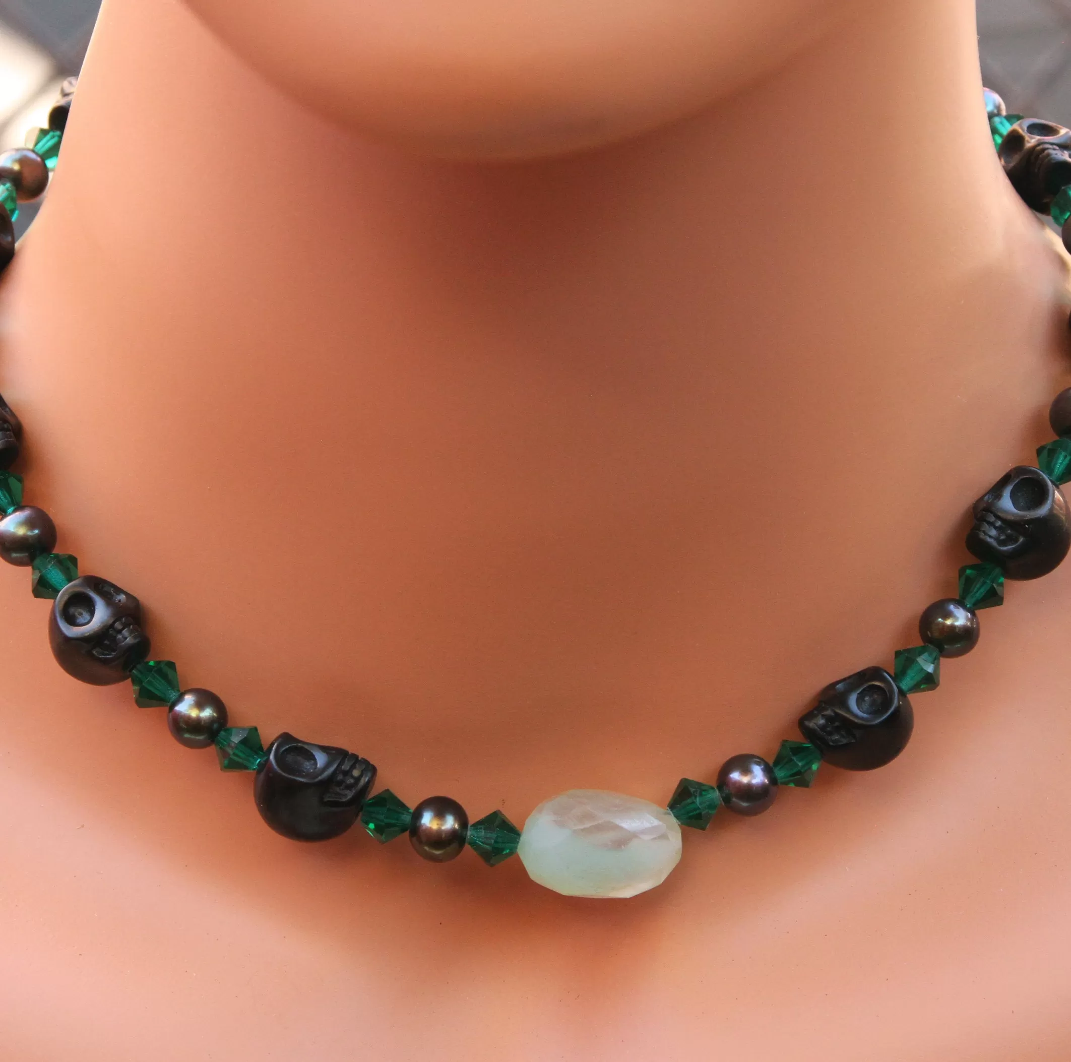 Howlite Skulls, Freshwater Pearls, Swarovski Crystals, And Chalcedony Focal Choker