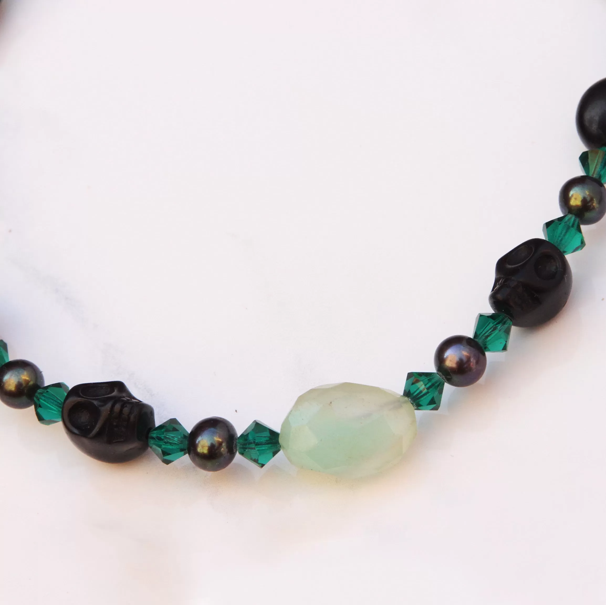 Howlite Skulls, Freshwater Pearls, Swarovski Crystals, And Chalcedony Focal Choker