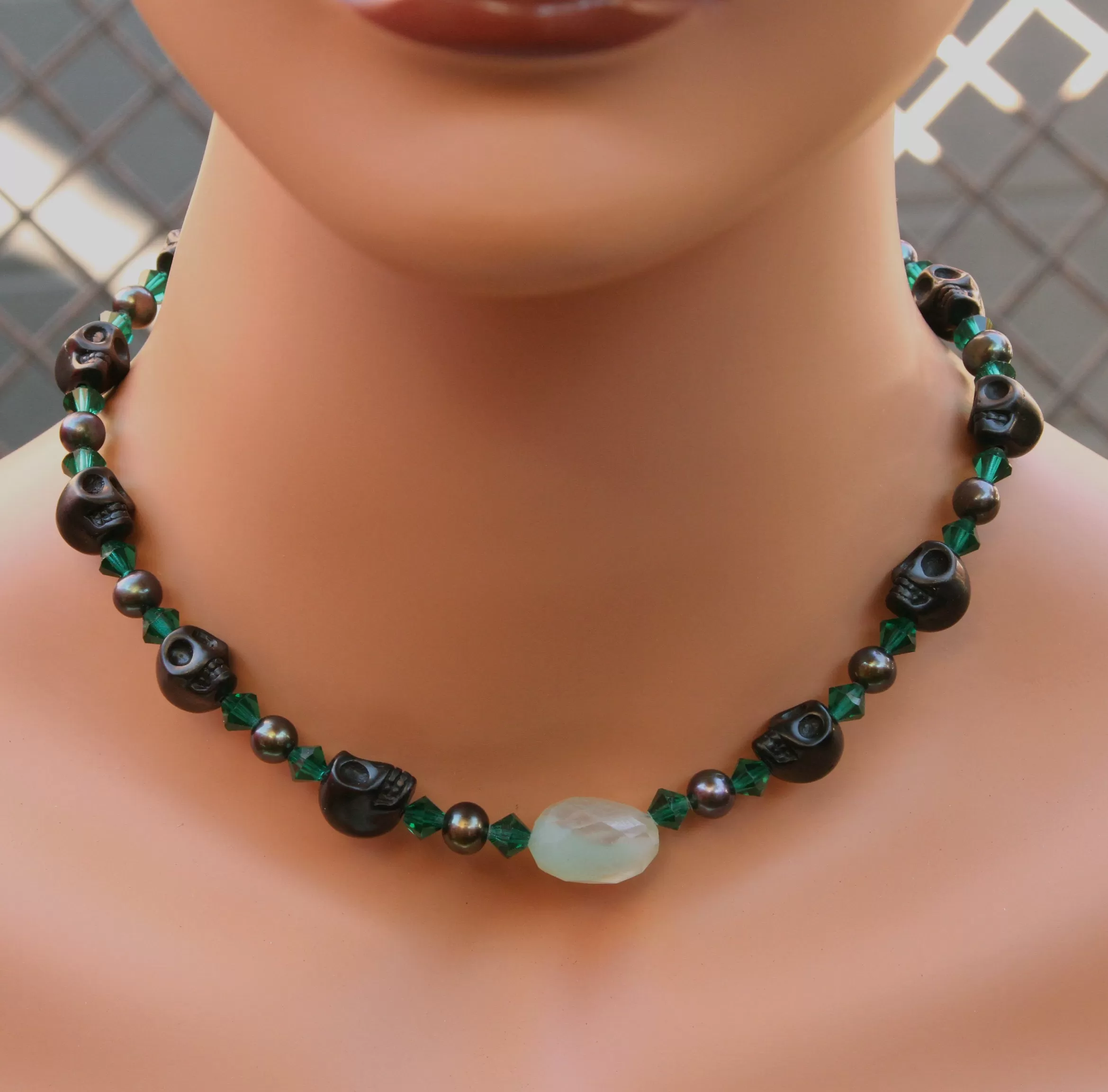 Howlite Skulls, Freshwater Pearls, Swarovski Crystals, And Chalcedony Focal Choker