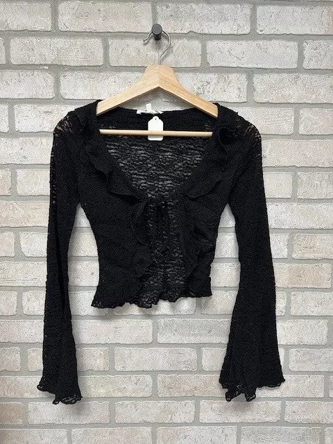 Jr Tie Top - Open Front Long Sleeve - Black