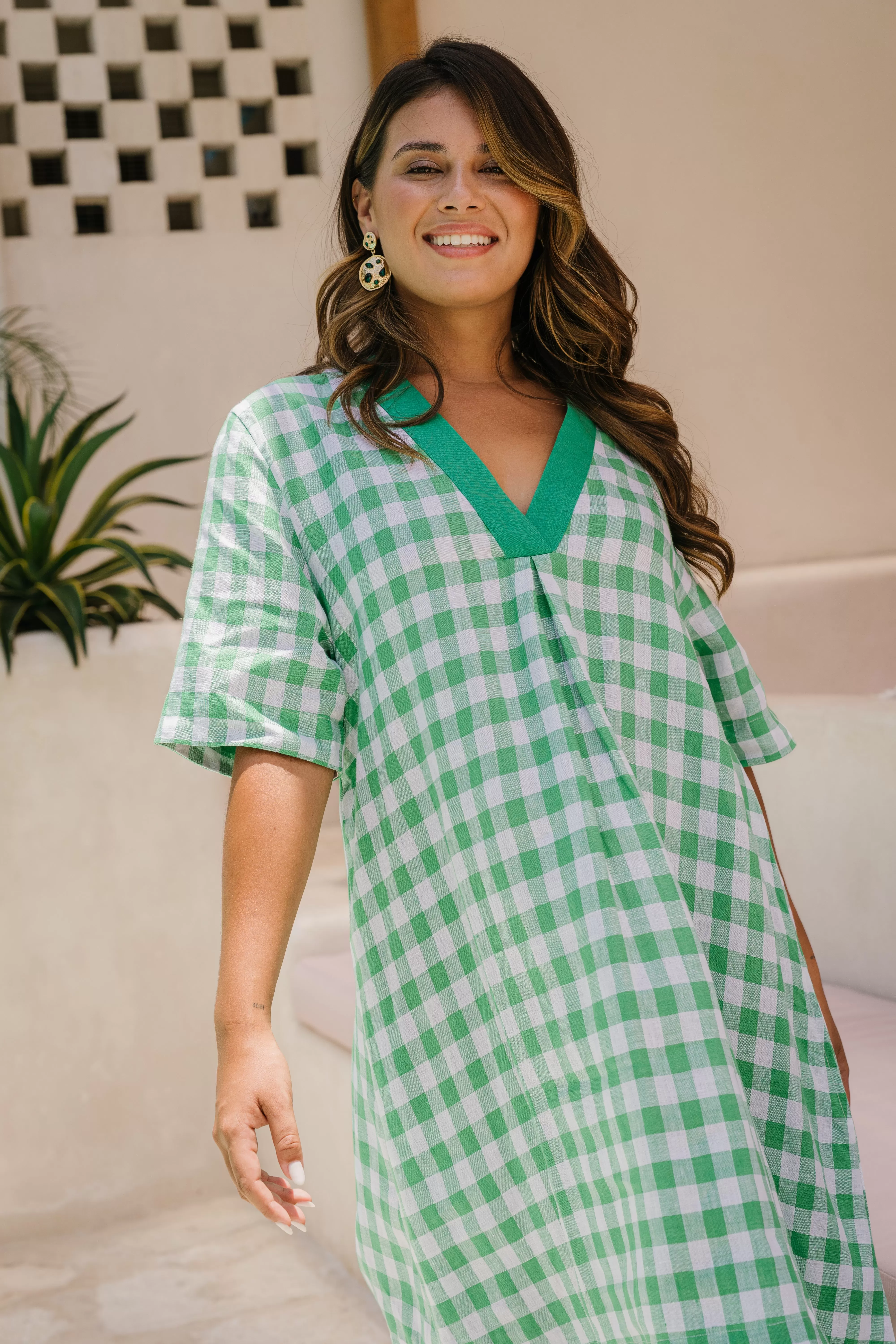 Kora A-Line Linen Dress in Treviso Green