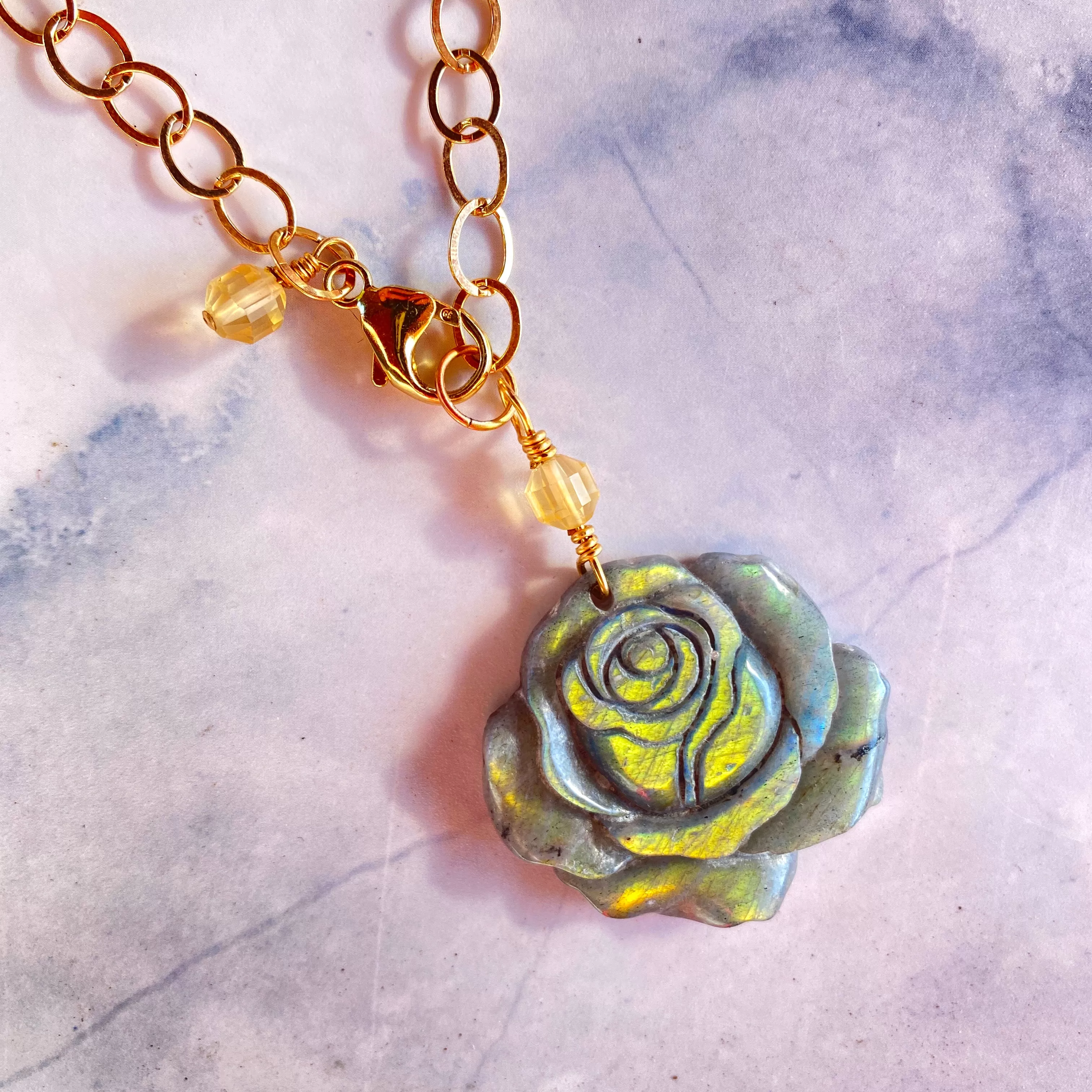 Labradorite gemstone carved Rose pendant on 14 kt Gold Necklace