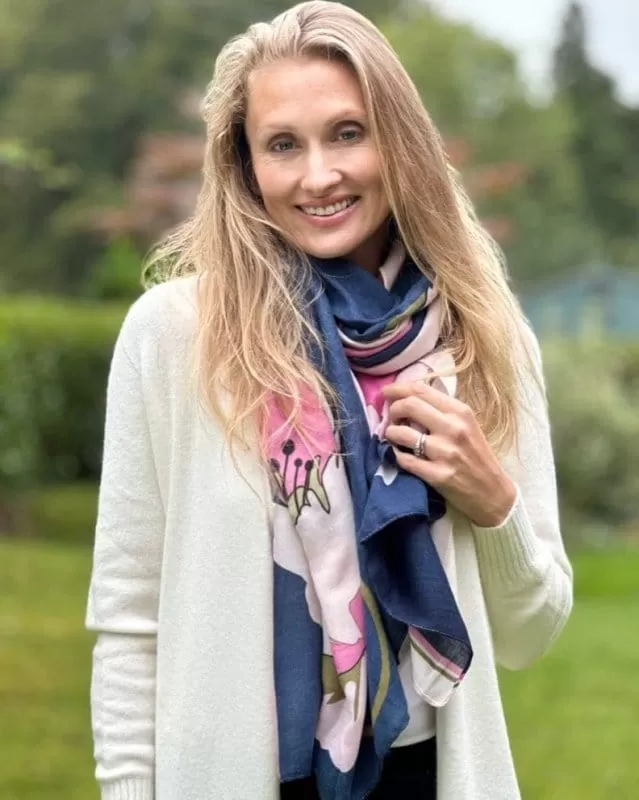 Large Flower Patterned Recycled Scarf - Pinks & Navy